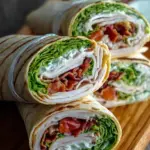 Two High Protein Turkey Club Wraps sliced diagonally showing layers of turkey, bacon, avocado, and green lettuce.