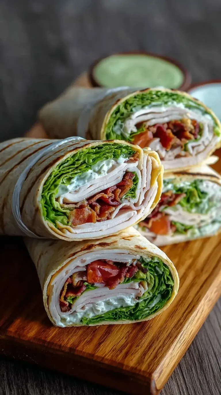 Two High Protein Turkey Club Wraps sliced diagonally showing layers of turkey, bacon, avocado, and green lettuce.