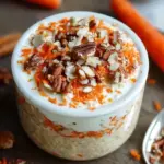 A glass jar filled with creamy carrot cake overnight oats topped with walnuts and raisins