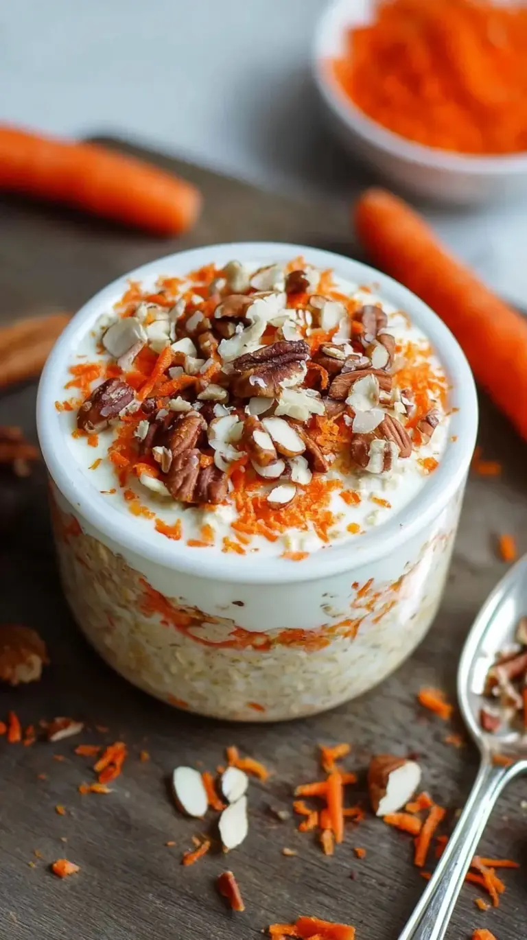A glass jar filled with creamy carrot cake overnight oats topped with walnuts and raisins