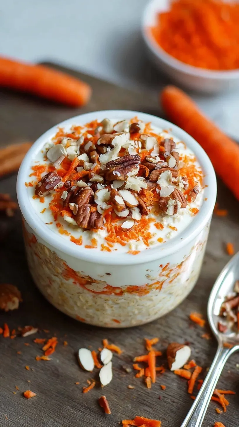 A glass jar filled with creamy carrot cake overnight oats topped with walnuts and raisins