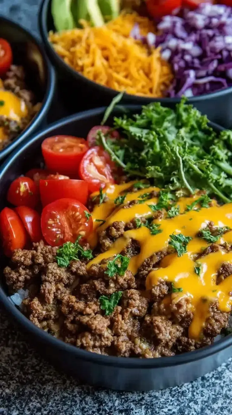 A colorful meal prep container filled with seasoned ground beef, melted cheese, fresh lettuce, and cherry tomatoes.