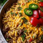 A creamy skillet of High Protein Cheeseburger Orzo topped with melted cheddar cheese and fresh herbs.