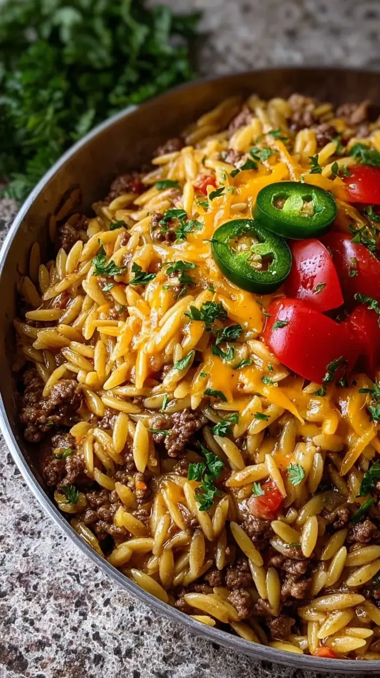 A creamy skillet of High Protein Cheeseburger Orzo topped with melted cheddar cheese and fresh herbs.
