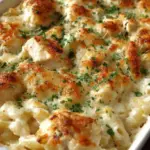 A golden brown High Protein Chicken Alfredo Bake in a ceramic dish with melted mozzarella and fresh spinach.