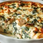 A golden, bubbly high protein chicken spinach casserole in a ceramic baking dish with melted cheese on top.