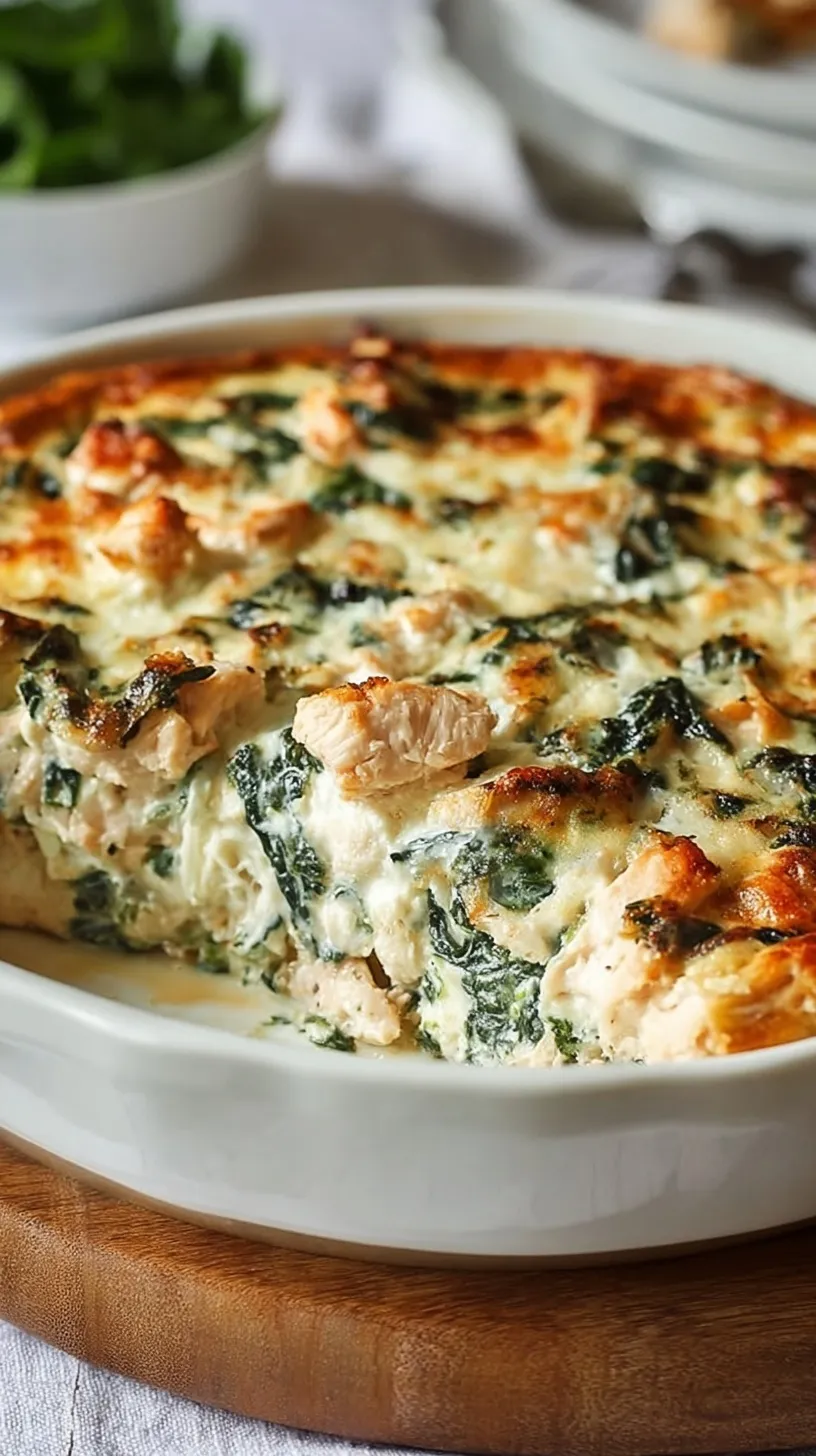 A golden, bubbly high protein chicken spinach casserole in a ceramic baking dish with melted cheese on top.