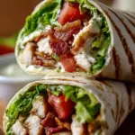 A fresh high protein chicken BLT wrap sliced on a wooden board with crispy bacon and tomatoes.