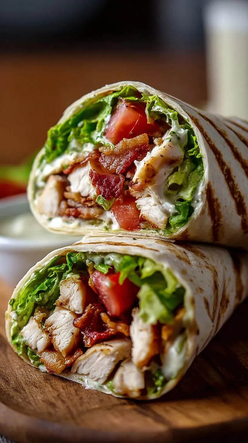 A fresh high protein chicken BLT wrap sliced on a wooden board with crispy bacon and tomatoes.