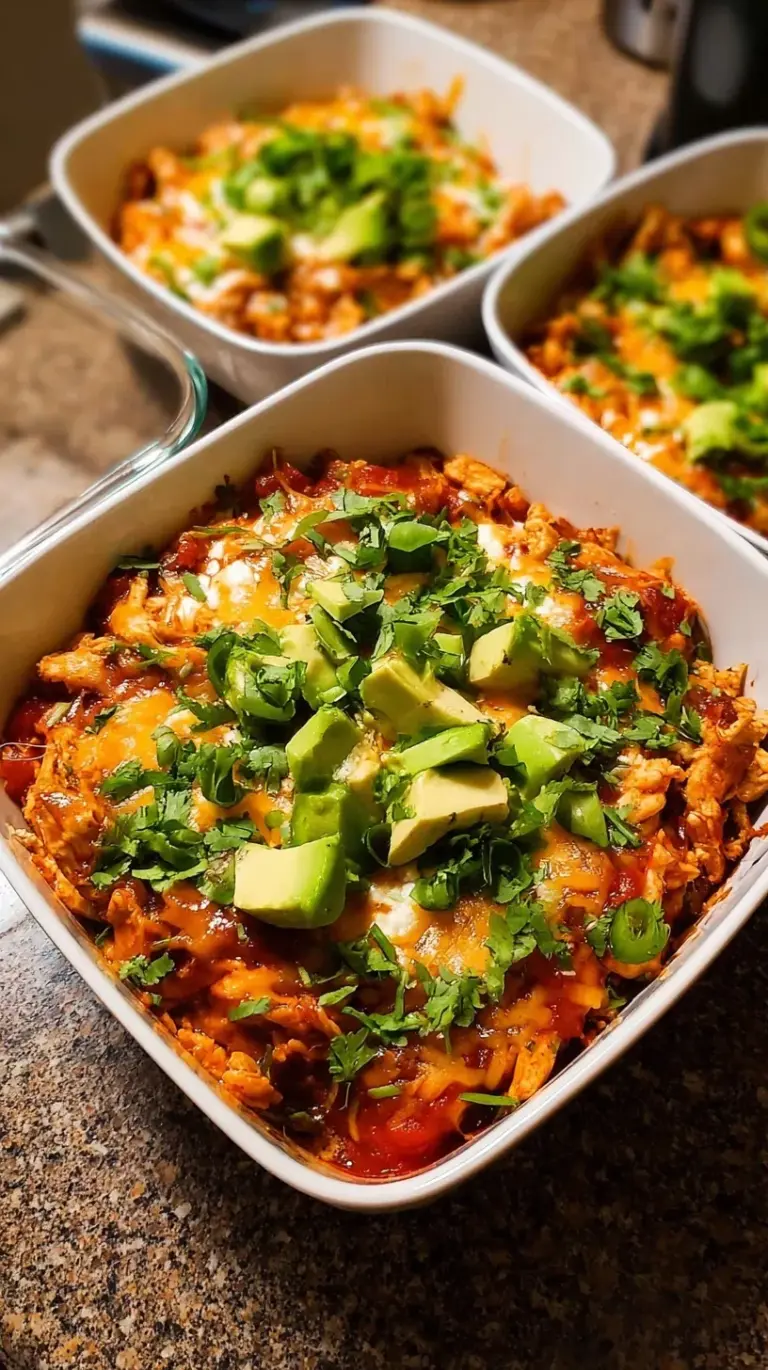 Four meal prep containers filled with creamy chicken enchilada mixture over rice and topped with cilantro.