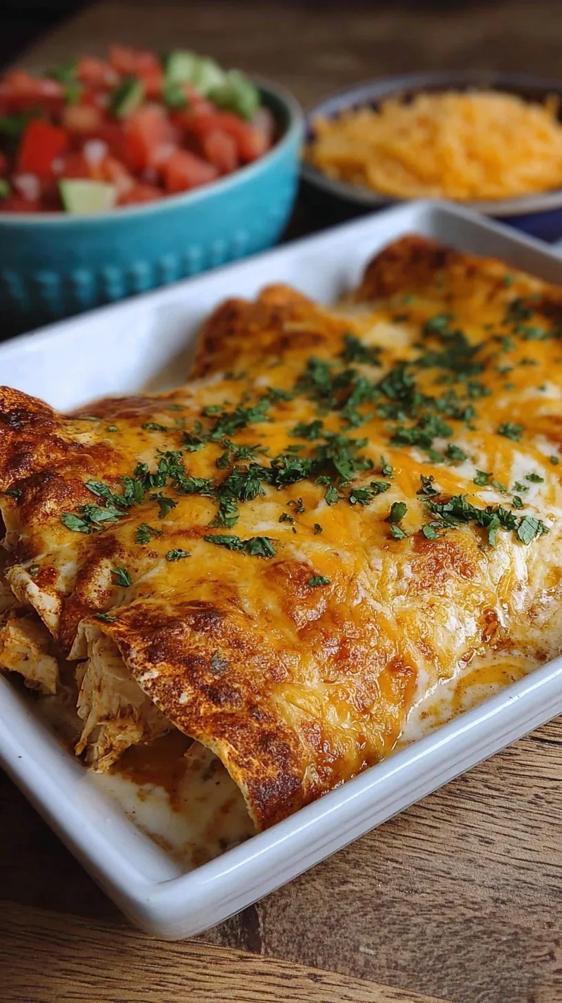 A 9x13 baking dish filled with golden brown chicken enchiladas covered in creamy white sauce and melted cheese.