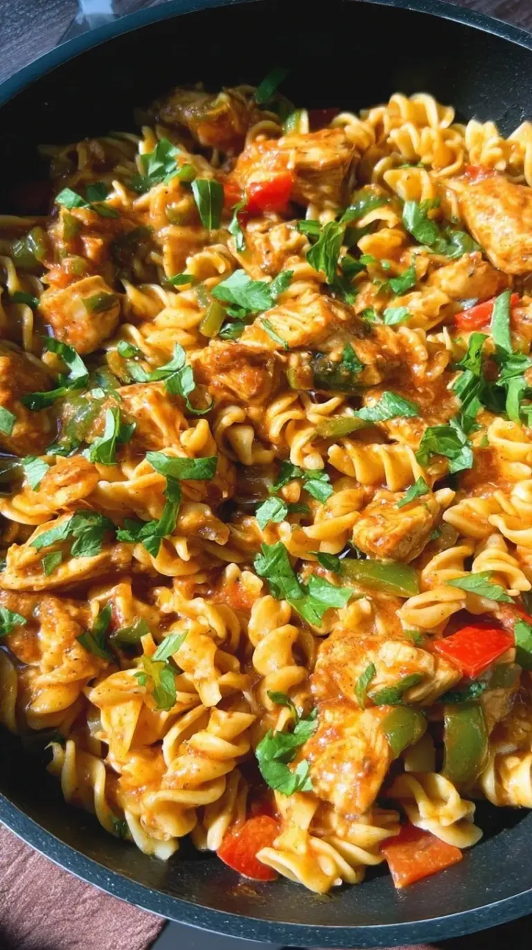 A creamy bowl of chicken fajita pasta with sliced bell peppers and fresh cilantro