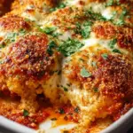 A golden, bubbly chicken parmesan casserole in a glass baking dish topped with melted mozzarella and fresh basil.
