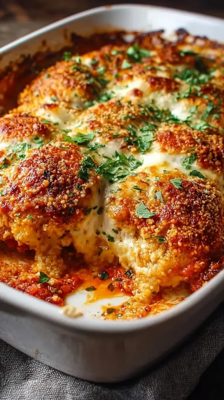 A golden, bubbly chicken parmesan casserole in a glass baking dish topped with melted mozzarella and fresh basil.