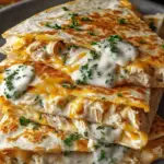 A golden brown crispy chicken ranch quesadilla sliced into triangles on a wooden cutting board with green onions.