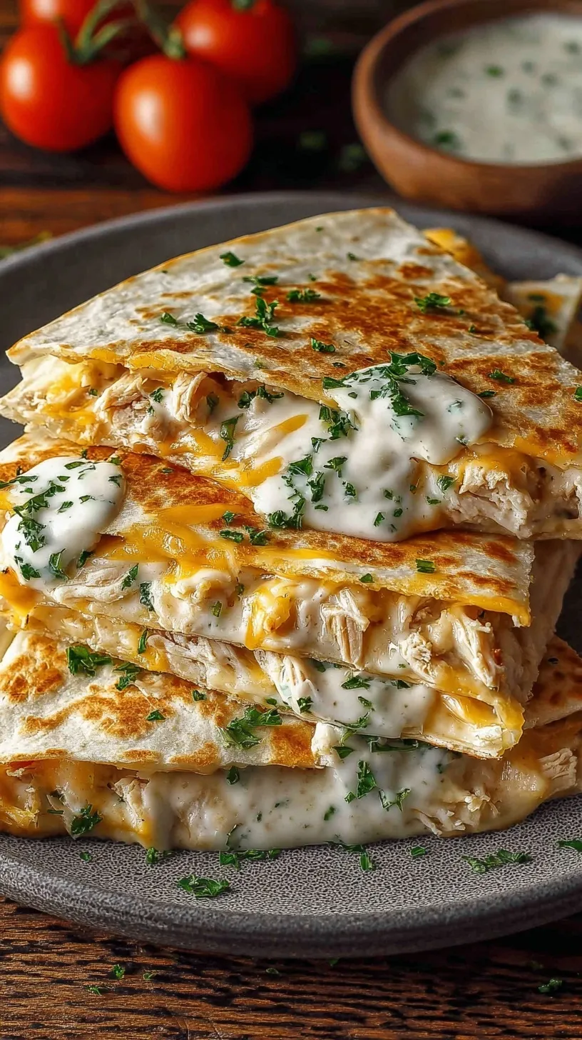 A golden brown crispy chicken ranch quesadilla sliced into triangles on a wooden cutting board with green onions.