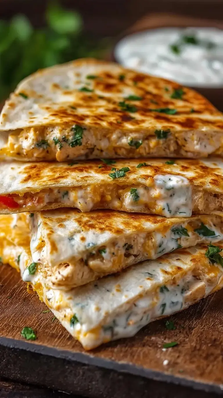 A golden brown high-protein chicken ranch quesadilla sliced into wedges on a wooden board.