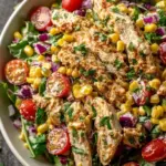 A bowl of creamy high protein chicken salad with fresh dill and celery