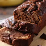 A sliced loaf of dark chocolate banana bread topped with chocolate chips on a wooden board.