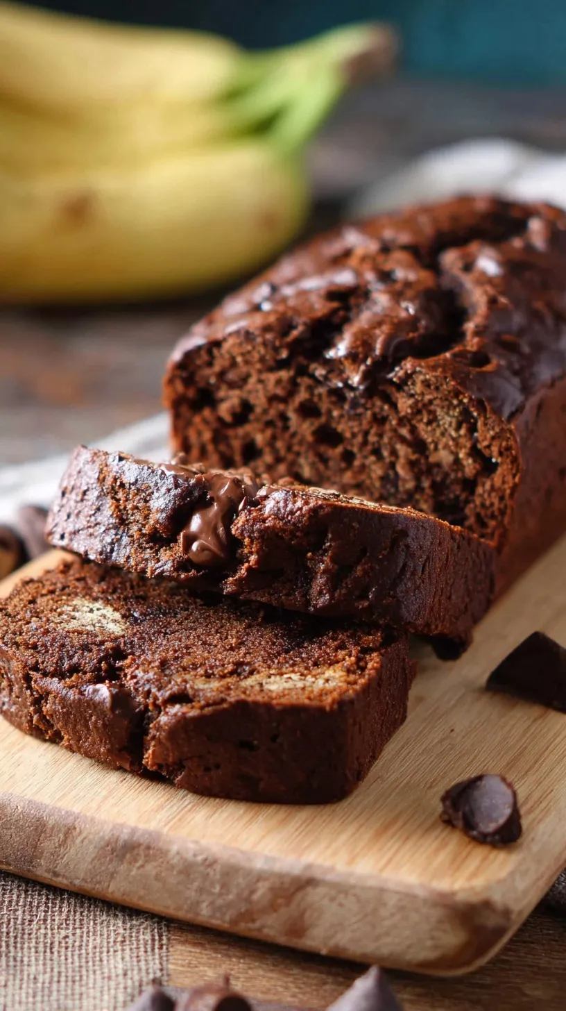 A sliced loaf of dark chocolate banana bread topped with chocolate chips on a wooden board.
