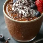 A close-up of a glass jar filled with creamy chocolate chia pudding topped with fresh raspberries.