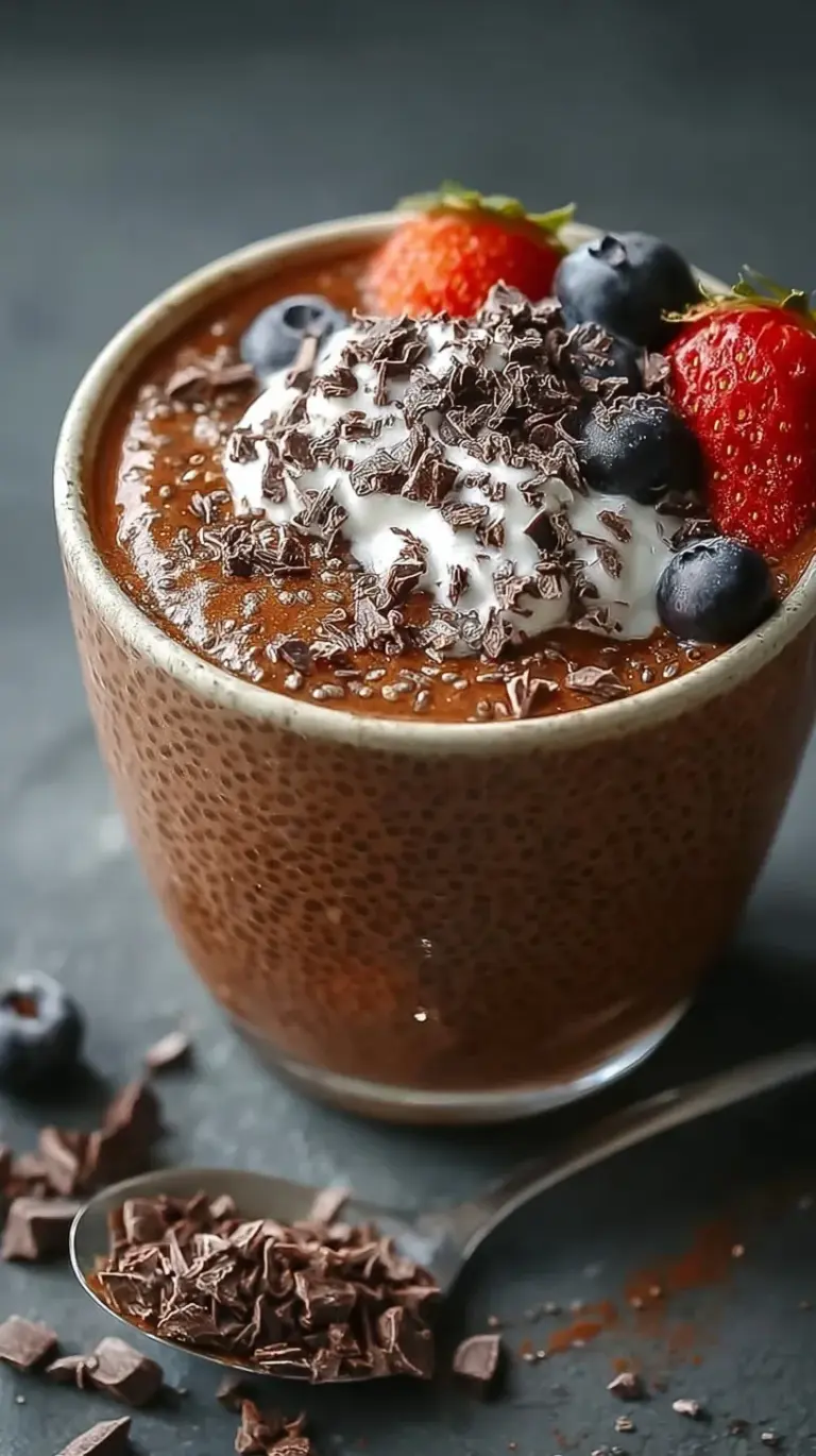 A close-up of a glass jar filled with creamy chocolate chia pudding topped with fresh raspberries.