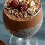 A glass jar filled with thick chocolate chia pudding topped with fresh berries and a spoon.