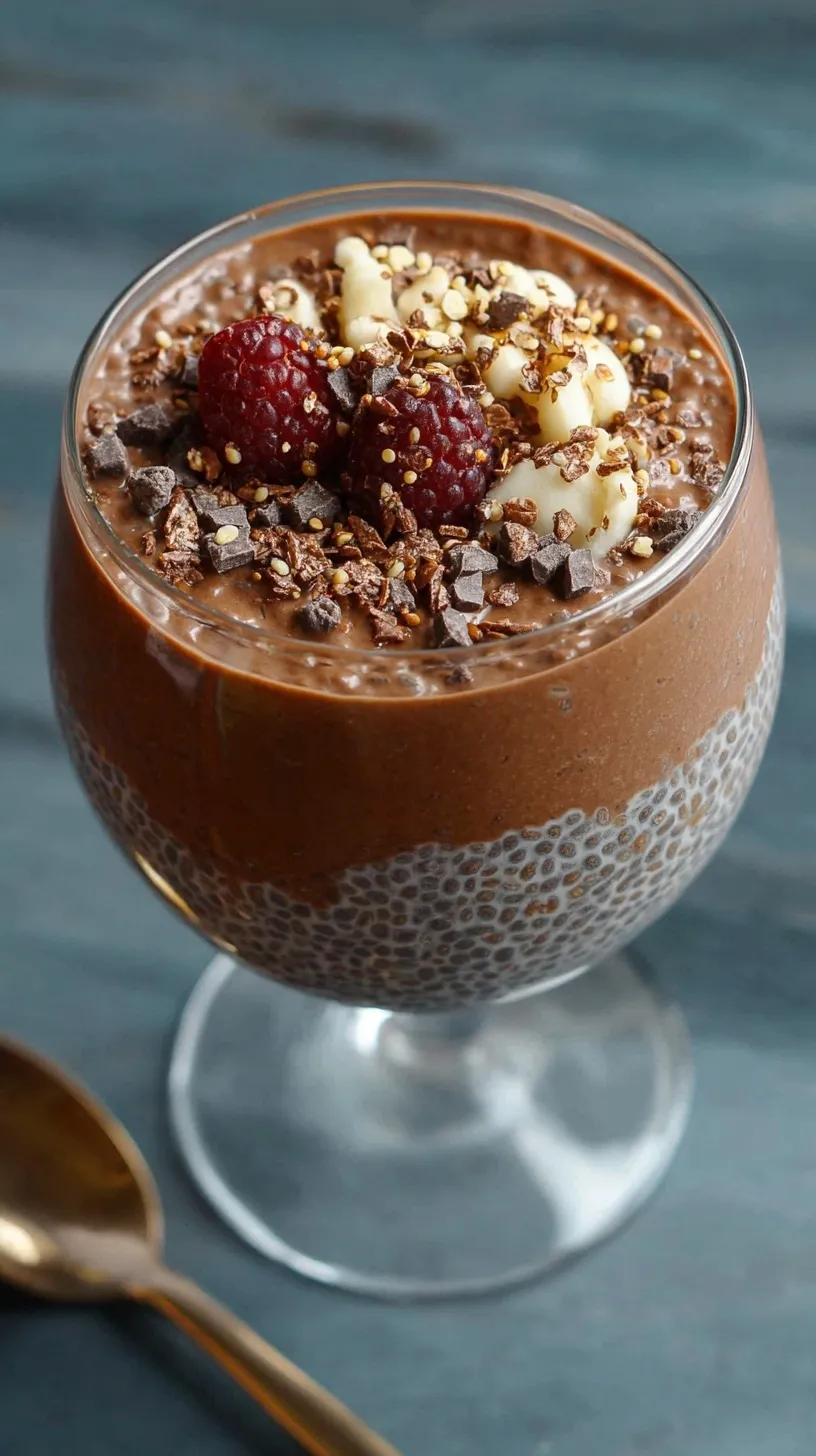 A glass jar filled with thick chocolate chia pudding topped with fresh berries and a spoon.