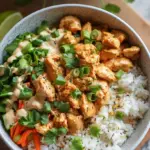 A vibrant bowl of golden coconut chicken, creamy jasmine rice, and bright green steamed broccoli garnished with lime and cilantro.