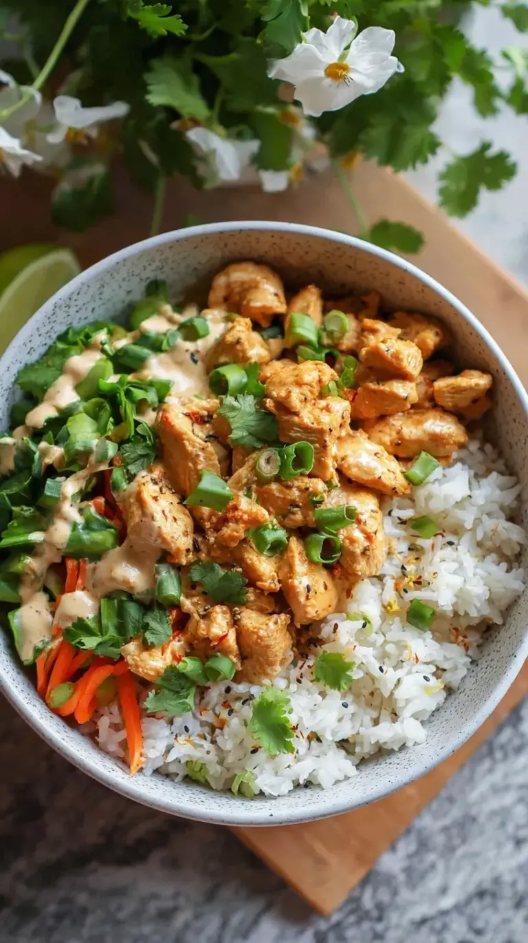 A vibrant bowl of golden coconut chicken, creamy jasmine rice, and bright green steamed broccoli garnished with lime and cilantro.