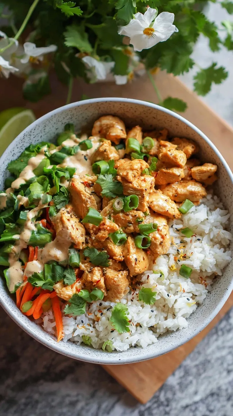 A vibrant bowl of golden coconut chicken, creamy jasmine rice, and bright green steamed broccoli garnished with lime and cilantro.