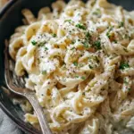 A bowl of creamy fettuccine pasta with smooth cottage cheese alfredo sauce and black pepper