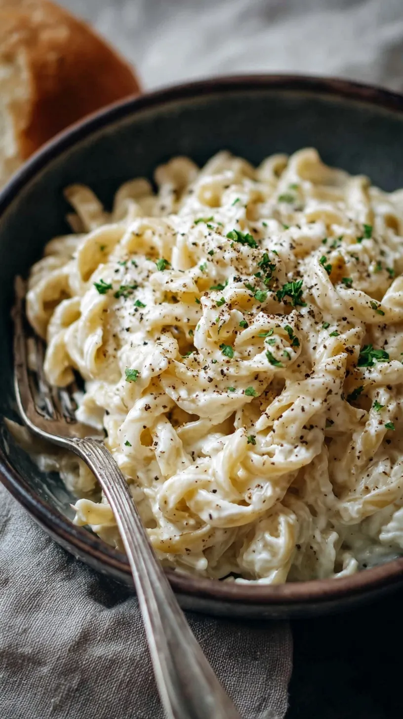 A bowl of creamy fettuccine pasta with smooth cottage cheese alfredo sauce and black pepper