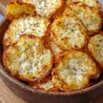 Golden brown crispy high protein cottage cheese chips on a baking sheet.