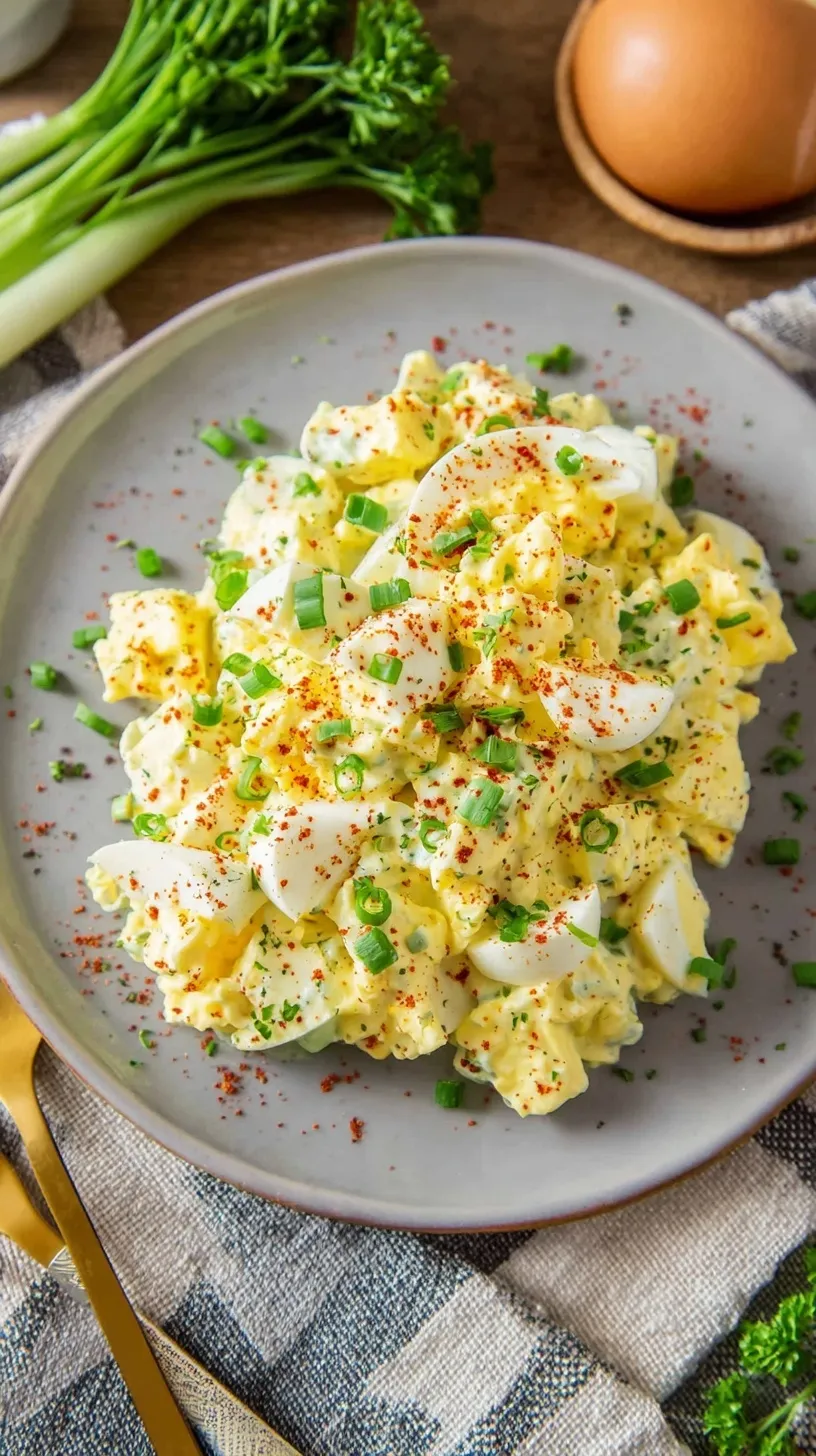 A bowl of creamy cottage cheese egg salad topped with fresh chives and smoked paprika.