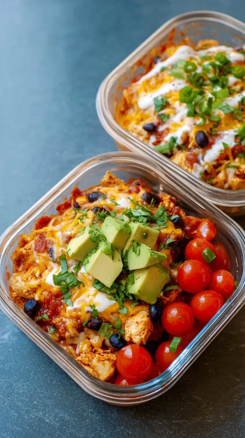 Four meal prep containers filled with creamy chicken enchilada mixture over cauliflower rice topped with cheese and cilantro.