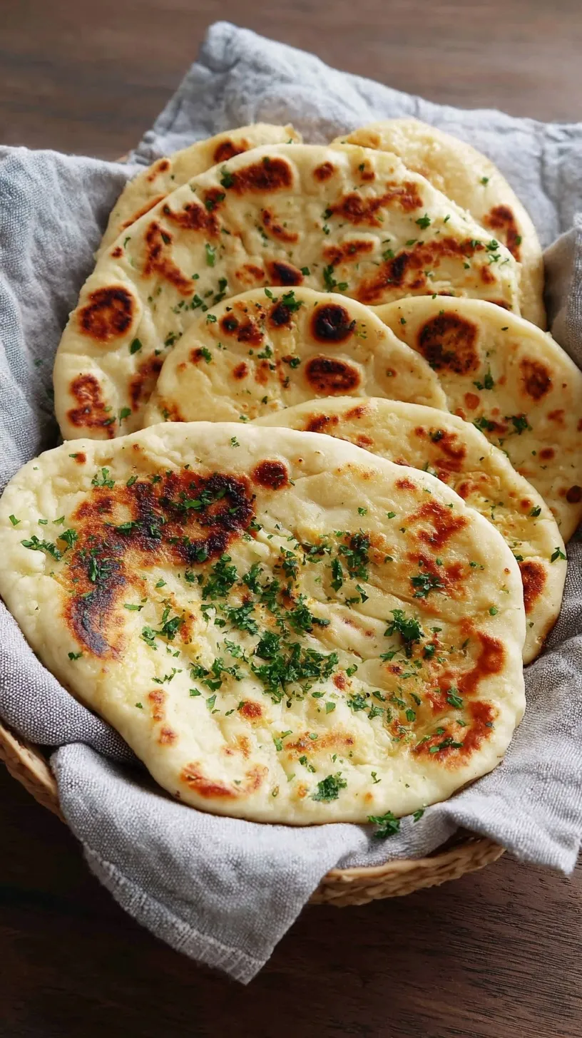 Golden brown garlic naan bread brushed with fresh cilantro butter on a wooden board.