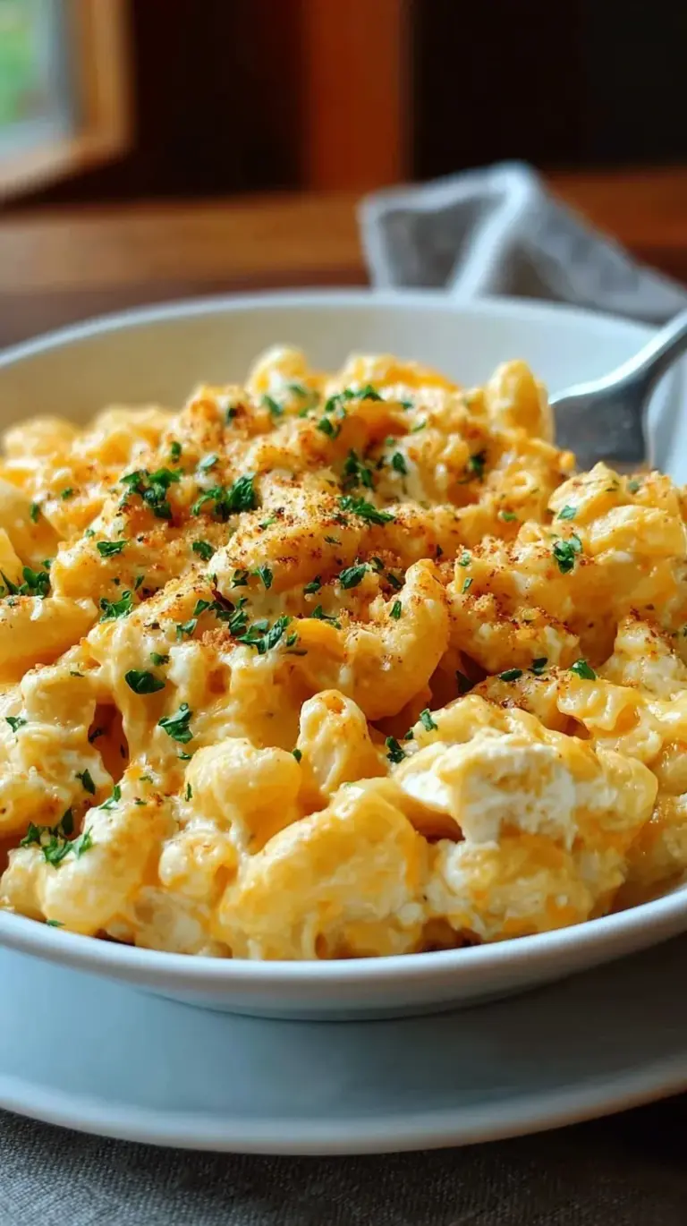A bowl of creamy rotini pasta covered in a smooth orange cheese sauce
