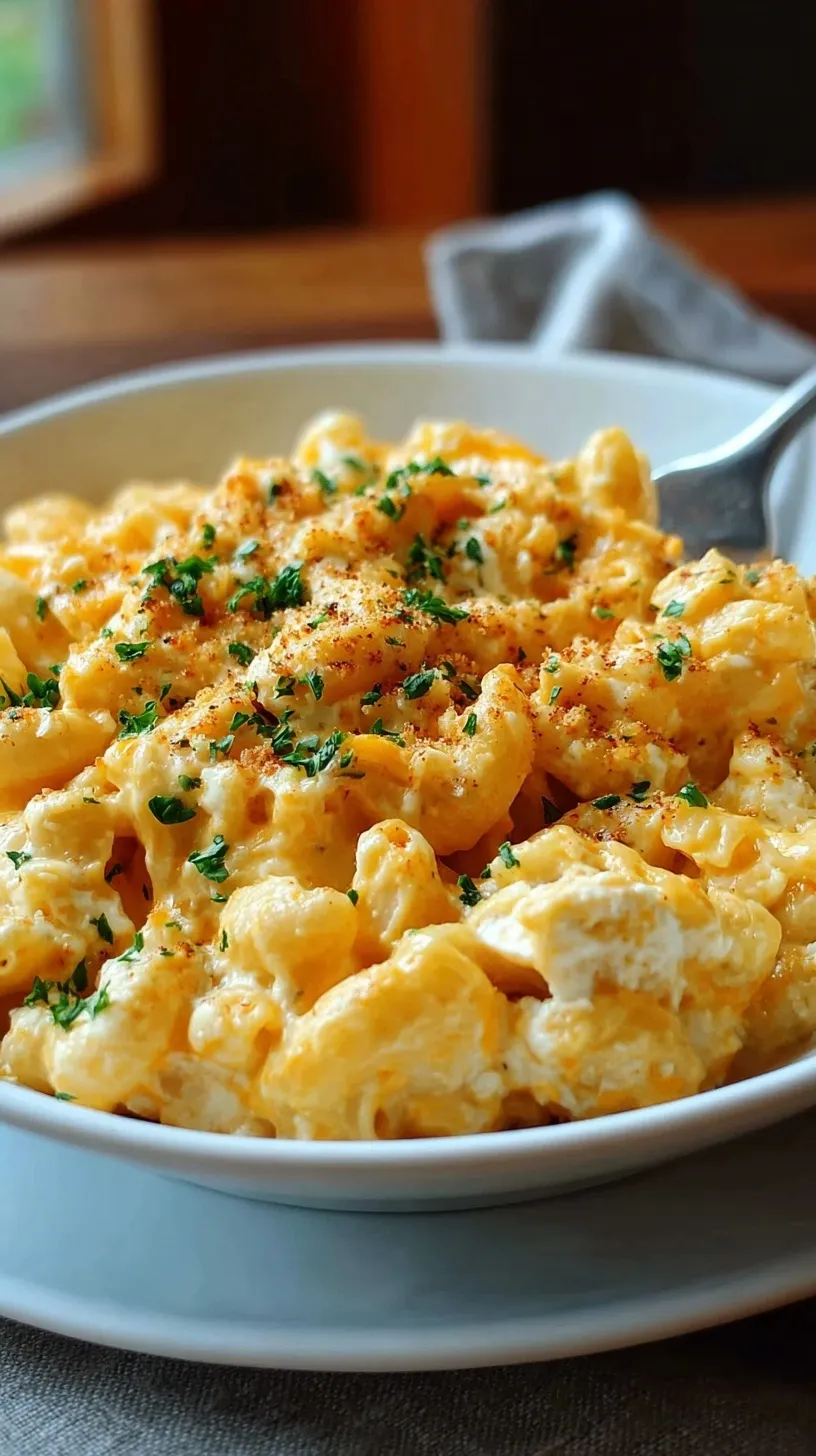 A bowl of creamy rotini pasta covered in a smooth orange cheese sauce
