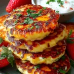 A stack of golden brown high protein cottage cheese pancakes topped with fresh berries and maple syrup