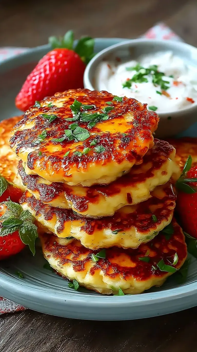 A stack of golden brown high protein cottage cheese pancakes topped with fresh berries and maple syrup