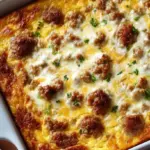 A golden brown high protein breakfast casserole sliced into squares in a white baking dish.