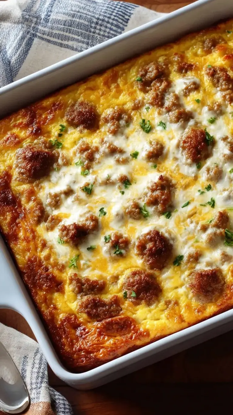 A golden brown high protein breakfast casserole sliced into squares in a white baking dish.