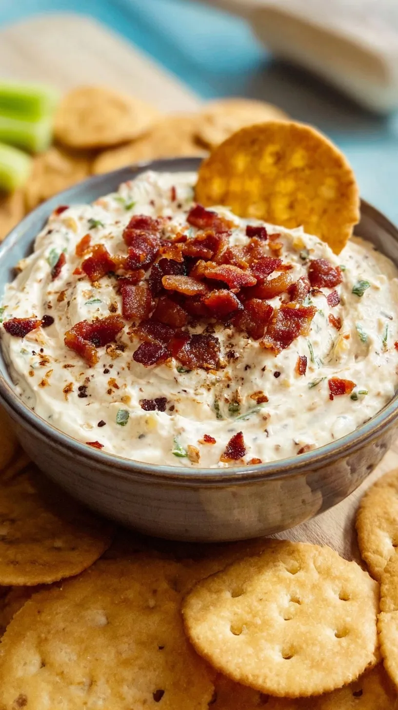 A bowl of creamy High Protein Crack Dip topped with green onions and bacon bits served with fresh vegetables.