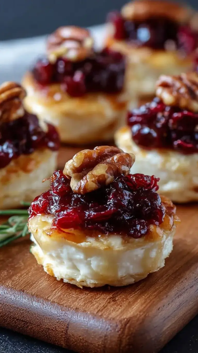 Golden brown cranberry brie bites topped with fresh thyme and honey drizzle in a mini muffin tin.