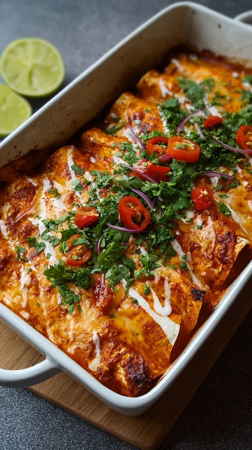 A baking dish filled with golden, bubbling creamy chicken enchiladas topped with melted cheese and fresh cilantro.