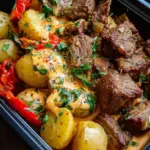 Meal prep containers filled with seared steak cubes, roasted red potatoes, and a drizzle of creamy chipotle sauce