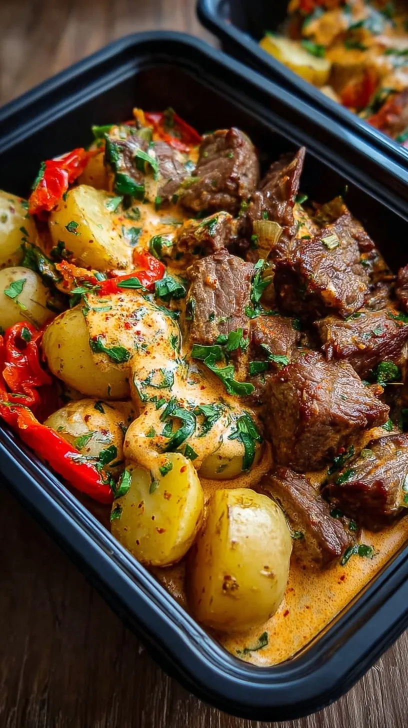 Meal prep containers filled with seared steak cubes, roasted red potatoes, and a drizzle of creamy chipotle sauce