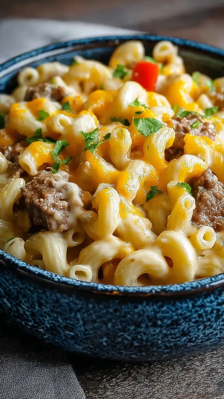 A creamy bowl of Philly cheesesteak mac and cheese with lean beef and green peppers.