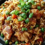 A bowl of crispy garlic chicken fried rice topped with fresh green onions and sesame seeds.